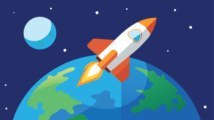 Wall Mural - futuristic space shuttle above earth in orbit with distant galaxy vector illustration background