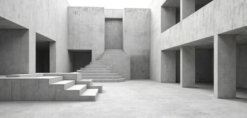 Poster - Modern concrete courtyard illustration with polygonal offset stepped walls. Industrial interior background template. Empty space, rough floor, geometric abstract design. Minimalist architecture,