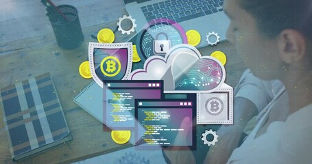Poster - Digital currency symbols and coding animation over person working at desk
