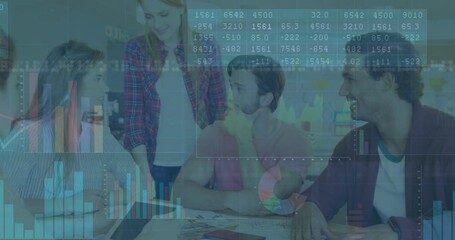 Poster - Discussing financial data, business team analyzing graphs and numbers with animation