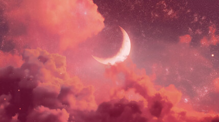 Wall Mural - crescent moon glowing in dreamy pastel sky with pink orange clouds and soft galaxy stars at night