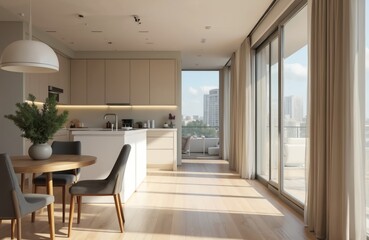 Poster - Bright modern kitchen interior with dining area. Large glass sliding doors offer views of city. Beige walls light wood floor create open space. Round table gray chairs dining room furniture.