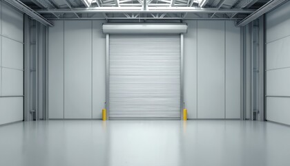 Aufkleber - Modern industrial interior with roller door. Empty warehouse space with polished concrete floor for product placement. Industrial building design is perfect for various business, commerce.