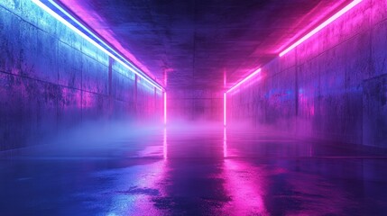 Poster - Futuristic neon-lit concrete corridor with pink and blue lights reflecting on wet floor, creating a vibrant, atmospheric scene.