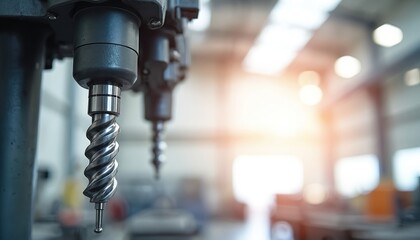 Leinwandbilder - Close-up detail of industrial vertical drilling machine in workshop. Metalworking machinery in action. Steel tool, engineering tech in industry. Hole making process, production line, metal cutting.