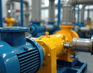 Aufkleber - Photo shows industrial pumps with motors, steel piping in power plant. Chemical, oil and gas industry production processes. Blue, yellow colors, technical construction. Energy tech concept.