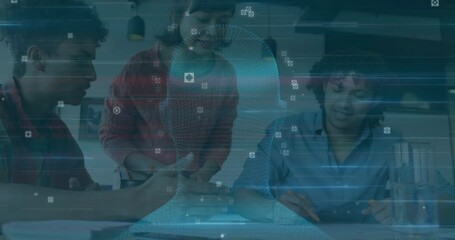 Poster - Diverse team collaborating on project with digital data processing animation overlay