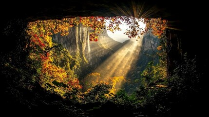 Wall Mural - a sunlit scene of a mountain valley with trees and leafy foliage in the foreground