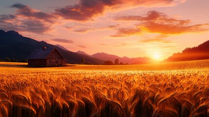 Wall Mural - a barn sits amidst a wheat field as the sun sets behind mountains