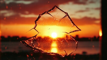 Wall Mural - a shattered glass window faces the sunset and reflects on water in the foreground