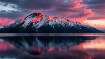 Wall Mural - mountain with a sunlit red-orange summit mirrored in the ocean.