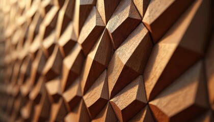 Poster - Geometric wooden wall pattern. Brown wooden triangles create surface texture. Modern design, perfect for interior decor, architecture details, home improvement, construction, design, decor,