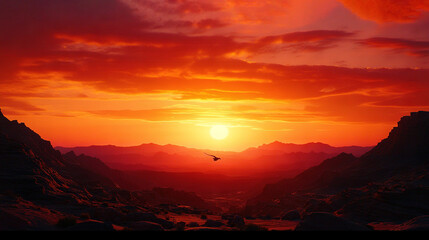 Wall Mural - a bird soaring against a sunset backdrop with a mountain range in the background while another bird 