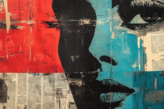 Abstract collage with newspaper texture and a color palette of black, red, and blue