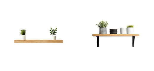 Floating wooden shelves with plants and decorations, cut out transparent