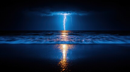 Wall Mural - lightning bolt in the sky over water with beach in background
