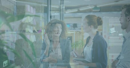 Poster - Discussing data charts and graphs, business professionals in modern office meeting