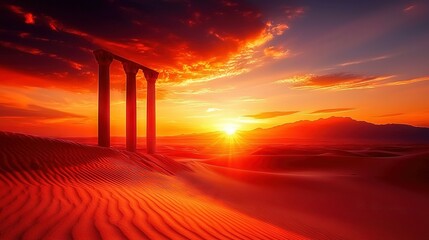 Wall Mural - a sunset over a desert with three pillars in the foreground and a mountain range in the background