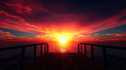 Wall Mural - a sunset over a body of water with a wooden dock in the foreground and the sun setting in the distan