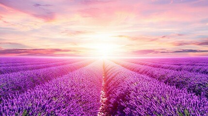 Wall Mural - a vast expanse of lavender blossoms, bathed in golden light as the sun sinks into the center, surrou