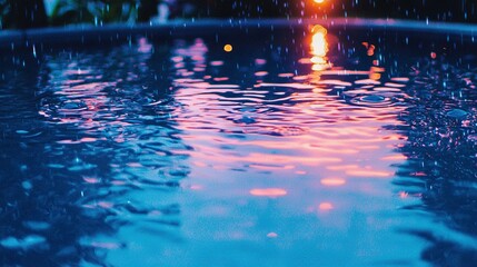 Wall Mural - a close-up of a pool of water with a street light in the background and raindrops falling on the wat