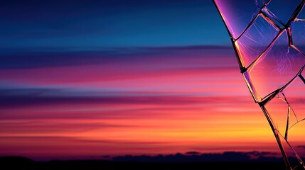 Wall Mural - a close-up of a shattered glass against a serene sunset backdrop
