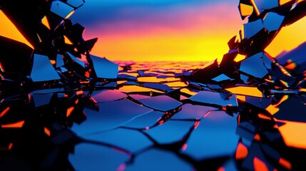Wall Mural - a close-up of a glass panel with a sunset background and sun reflection