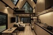 © ANASTASIYA - A sleek and modern tiny house interior includes a living room and loft bedroom, both of which feature bright lighting and contemporary furniture