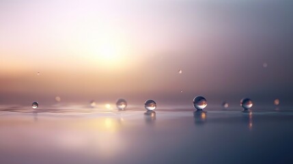 Wall Mural - a cluster of water droplets glistening atop a body of water, with the sun illuminating through the h
