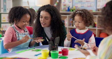 Poster - Painting, teacher and children with smile, art and creativity in classroom, growth or development. Talk, woman and teaching kids in preschool, learning and education for youth with color for creative