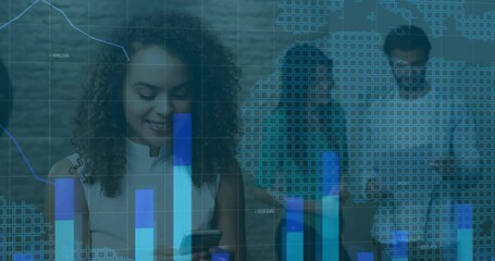Poster - Using smartphone, businesswoman viewing financial data charts and animation in office
