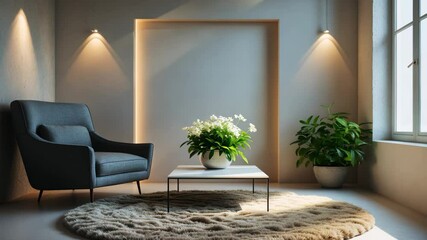 Poster - modern interior design showcasing a bright empty mock-up wall and gray furniture, merging loft and v