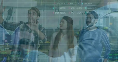 Poster - In office, diverse group interacting with digital financial animation on screen