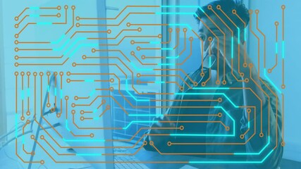 Poster - Animation of circuit board overlaying person working on computer in office