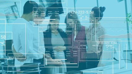 Poster - Collaborating in office, business team working with digital data processing overlay