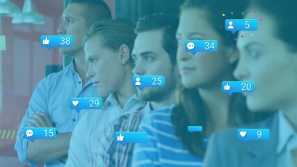 Poster - In school, animation of people standing with social media notification icons