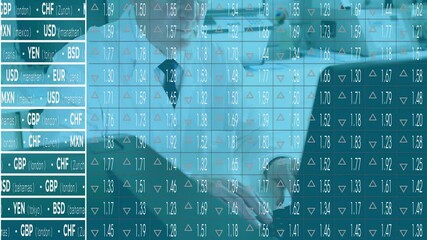 Poster - Exchange rates animation overlaying business meeting in office with professionals