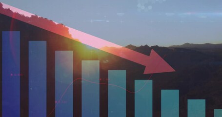 Poster - Bar graph with downward arrow in animation over mountain landscape at sunset
