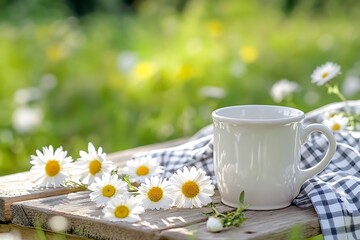 Wall Mural - Pastoral Mother's Day breakfast scene with a porcelain mug amidst a setting of daisies and gingham cloth on an outdoor wooden picnic table.