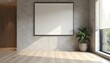 © miss irine - 3D rendering of empty modern living room with minimalist design. Wooden floor, natural light, big window. Plants inside in vase. Apartment, contemporary, cozy interior design.