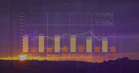  - Bar and line graph animation over sunset landscape with data points