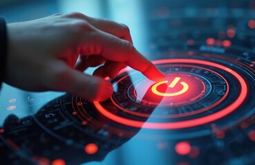 Fototapete - Hand presses glowing start button. Index finger touches power sign. Person activates modern digital tech interface. Business technology, startup, project launch, energy switch-on, futuristic concept.