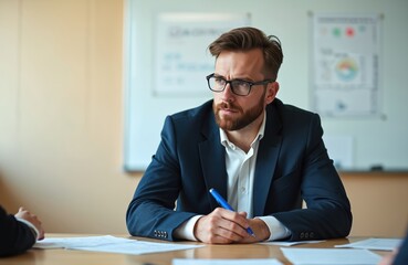 Poster - Bearded man in business suit with glasses in meeting. Person holds blue pen looking at documents. Professional team discussing plans, strategy, presentation. Modern office interior, education,