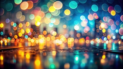 Wall Mural - reflective surface with blurred colorful lights at night