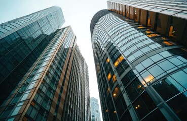 Aufkleber - Low angle photo of modern architecture in Sydney. City skyscrapers, office buildings, glass facade details. Tall business buildings downtown, construction. Contemporary urban landscape, modern