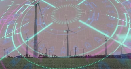 Poster - Wind turbines in field with futuristic digital interface overlay animation