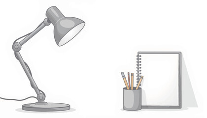 Poster - Minimalist workspace setup with desk lamp and stationery holder, productivity
