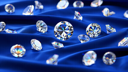 Poster - Glittering diamonds are arranged artistically on rich blue satin fabric, allowing their brilliance to shine in contrasting light. This setup enhances the luxurious feel of the scene
