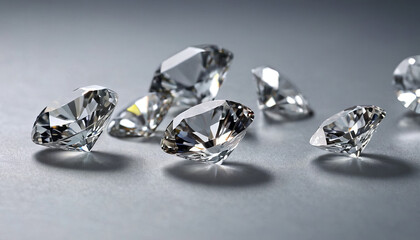 Poster - Brilliant diamonds in assorted shapes and sizes are scattered across a smooth gray surface, reflecting light and creating stunning visual effects in a well-lit environment