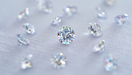 Poster - A collection of radiant diamonds shines brightly on a plush background. Each gem displays unique cuts and reflects light, highlighting their beauty and luxury
